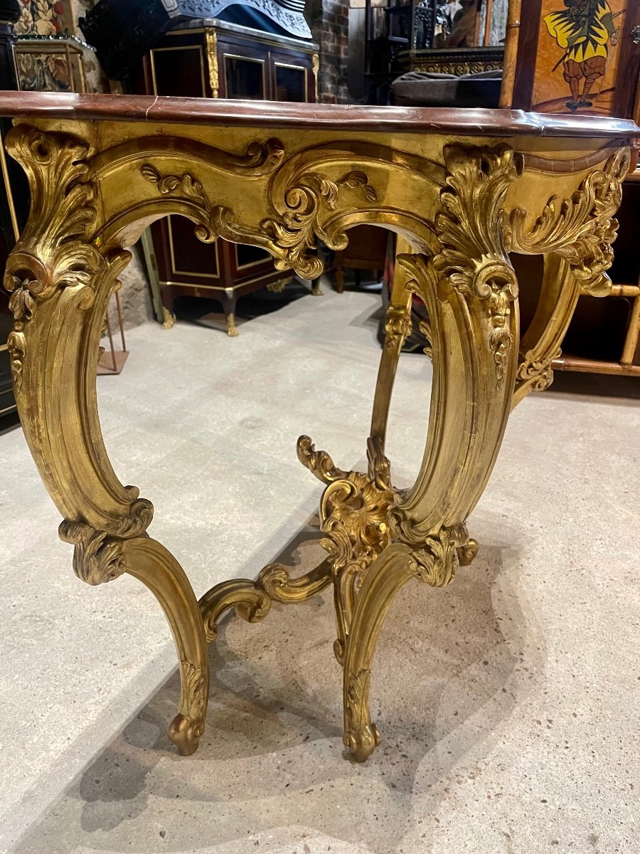 Console 4 Pieds de style Louis XV En Bois Doré D’époque Napoléon III Dessus De Marbre Griotte -photo-4