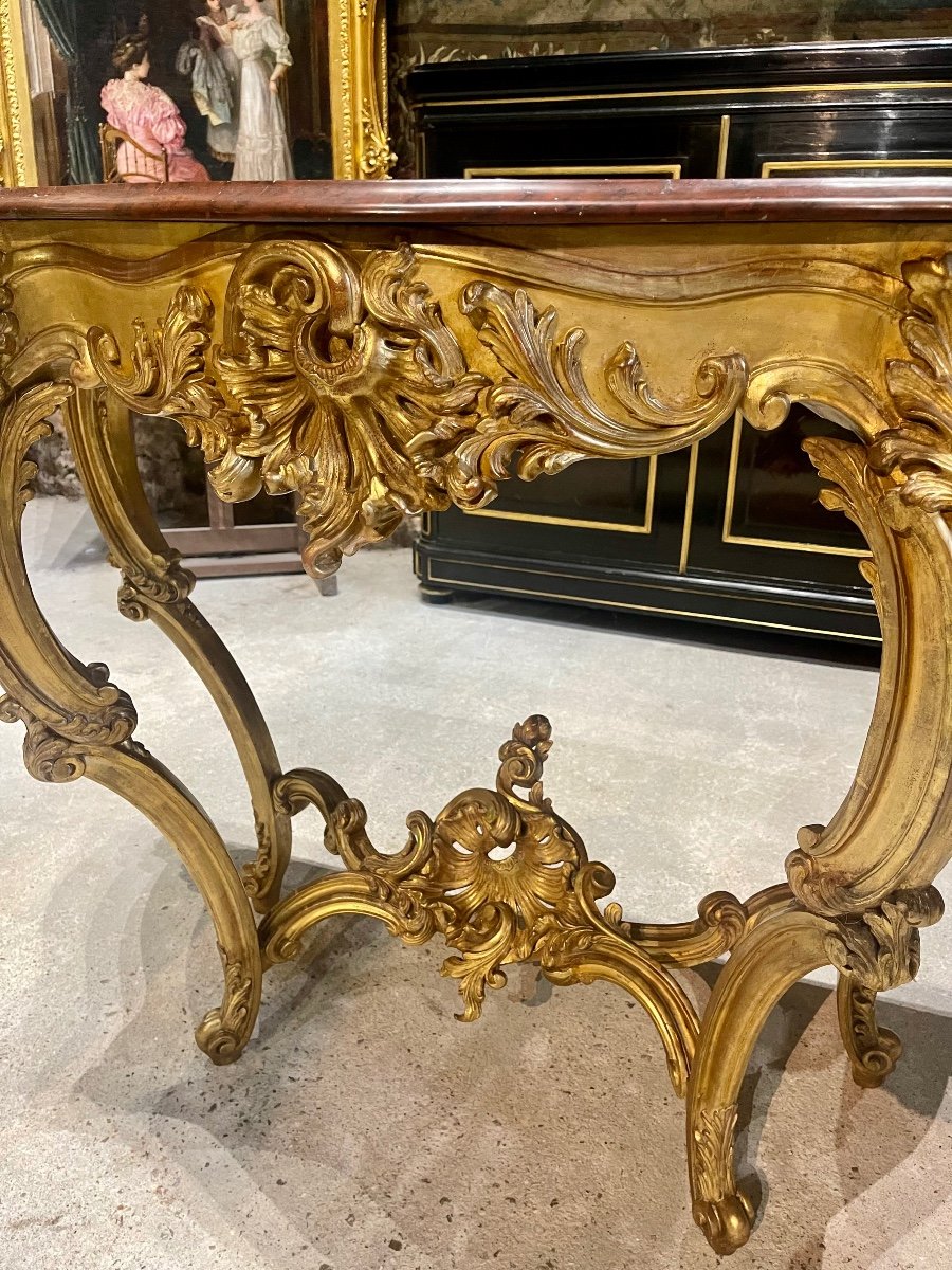 Console 4 Pieds de style Louis XV En Bois Doré D’époque Napoléon III Dessus De Marbre Griotte -photo-5