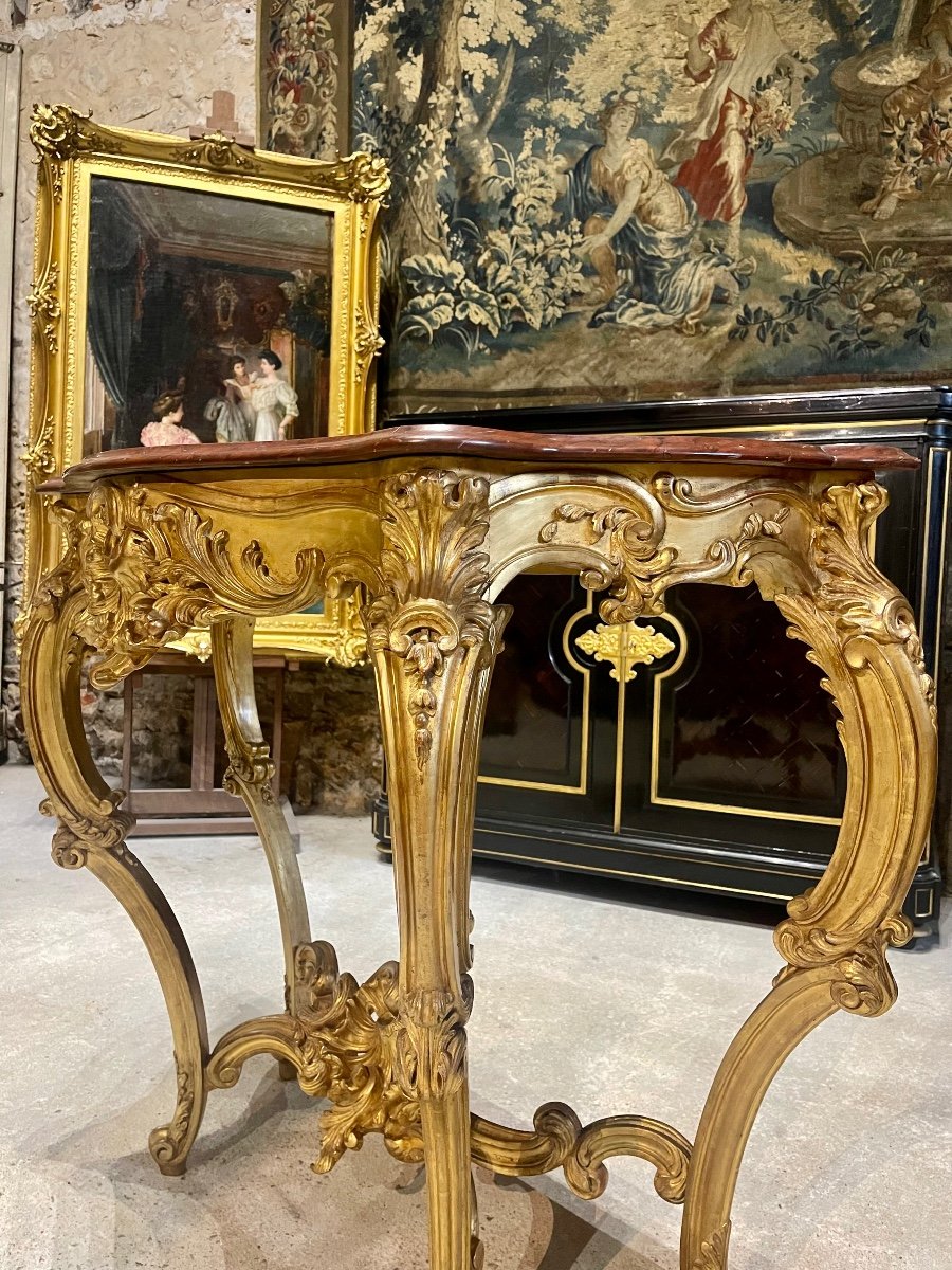 Console 4 Pieds de style Louis XV En Bois Doré D’époque Napoléon III Dessus De Marbre Griotte -photo-6
