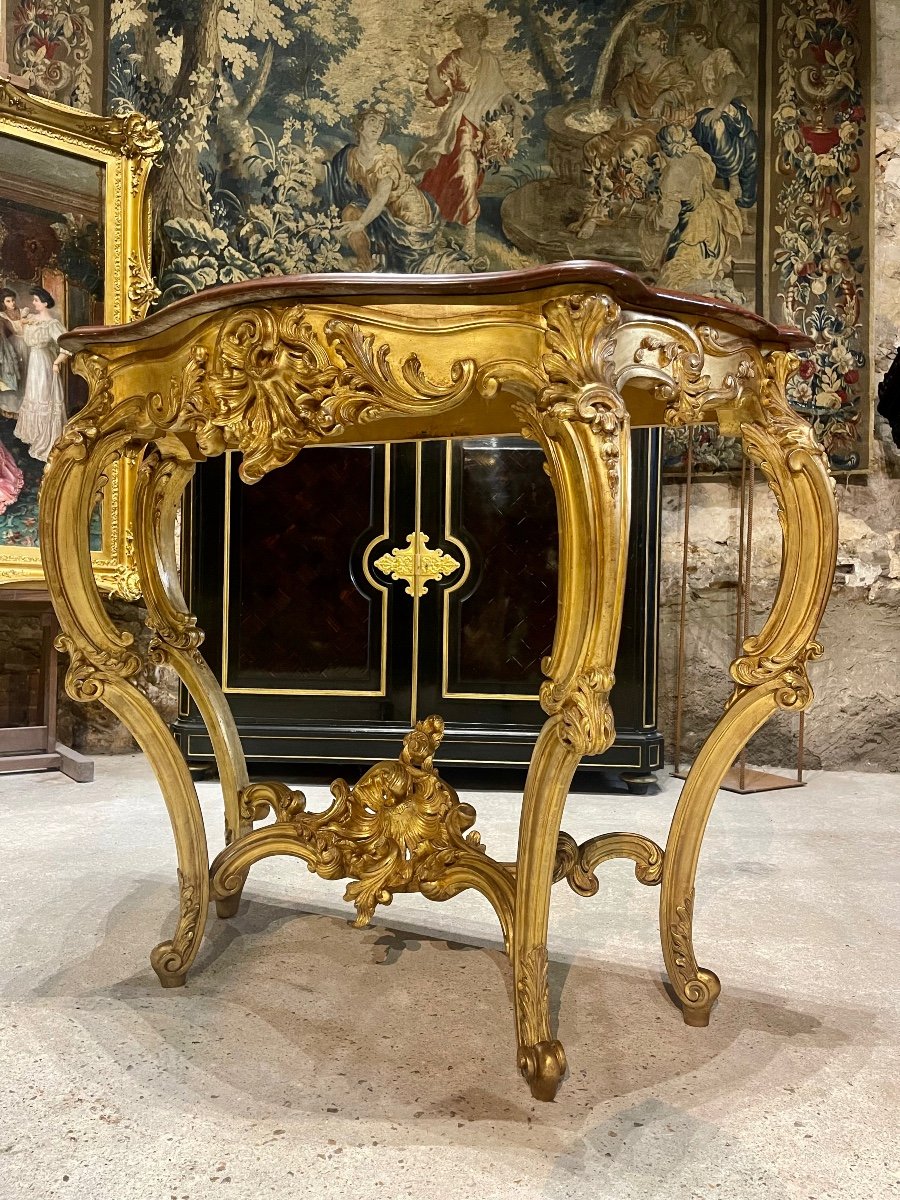 Console 4 Pieds de style Louis XV En Bois Doré D’époque Napoléon III Dessus De Marbre Griotte -photo-8