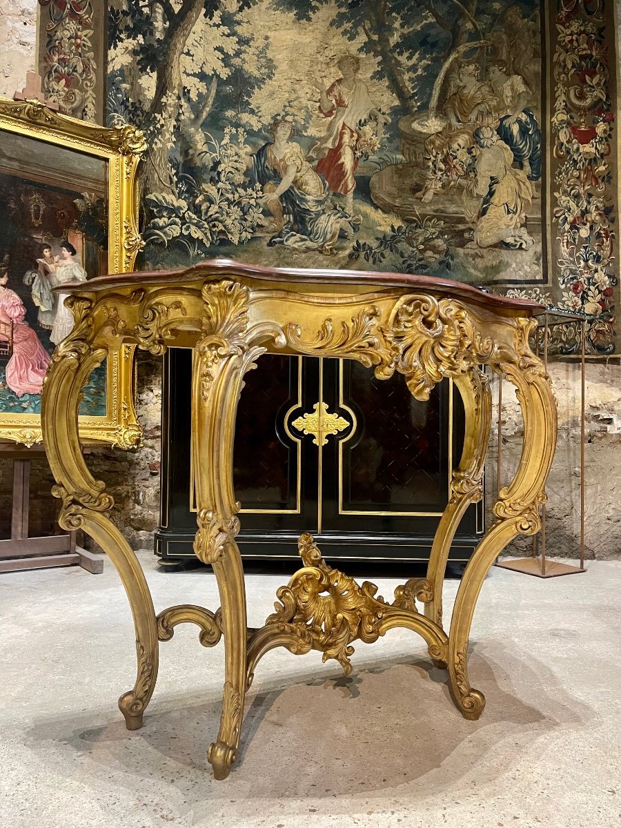 Console 4 Pieds de style Louis XV En Bois Doré D’époque Napoléon III Dessus De Marbre Griotte 