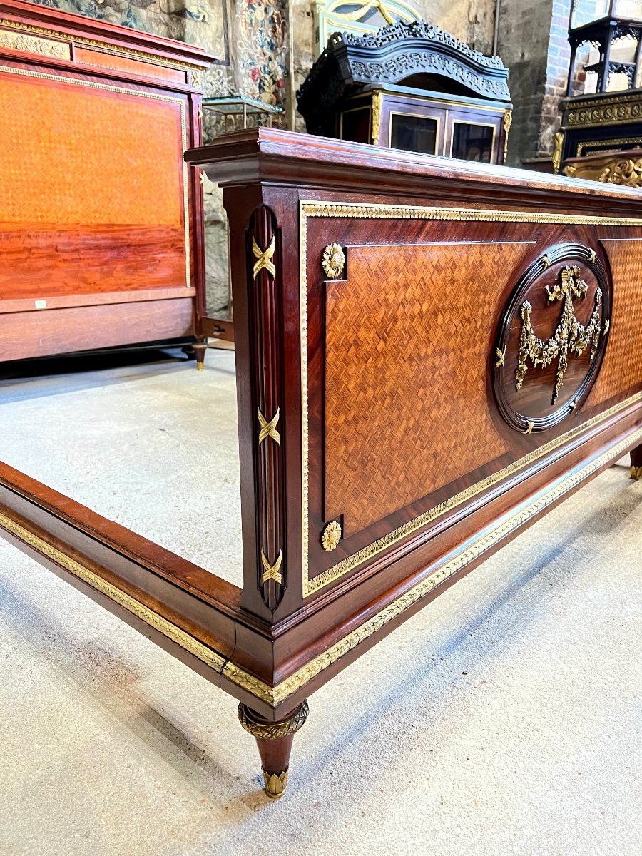 Louis XVI Style Bed In Cube Marquetry From The Napoleon III Period Signed From Maison Roll-photo-4