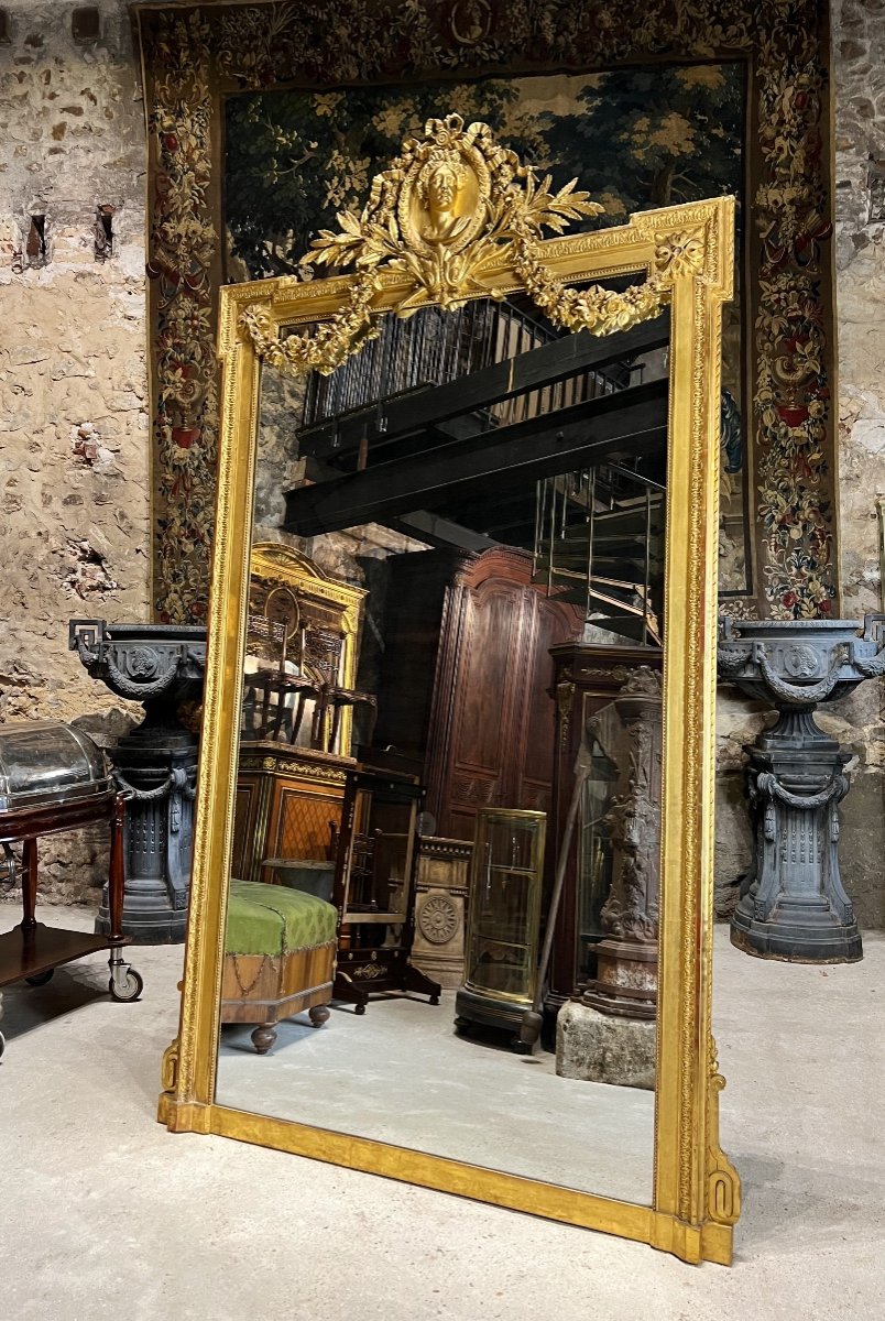 Miroir Au Profil D’apollon En Bois Doré D’époque Napoléon III 2m67 X  1m55 Style Louis XVI -photo-3