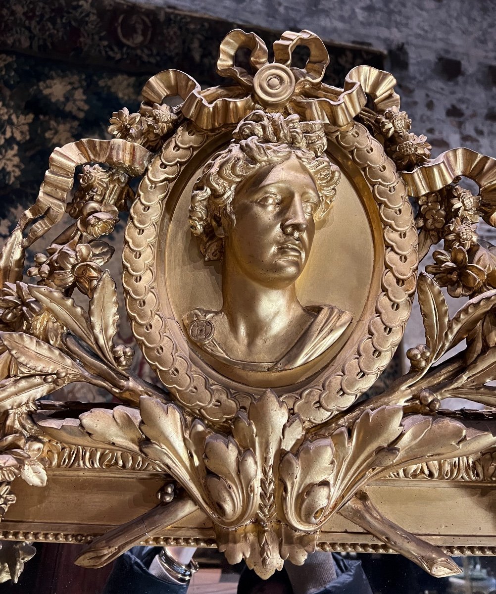 Miroir Au Profil D’apollon En Bois Doré D’époque Napoléon III 2m67 X  1m55 Style Louis XVI -photo-1