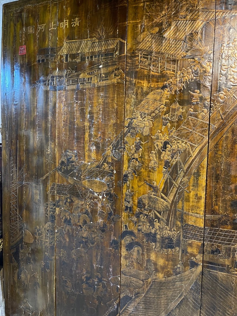 Chinese Screen In Chinese Lacquer From The XIXth Century 2m80 X 3m33-photo-4
