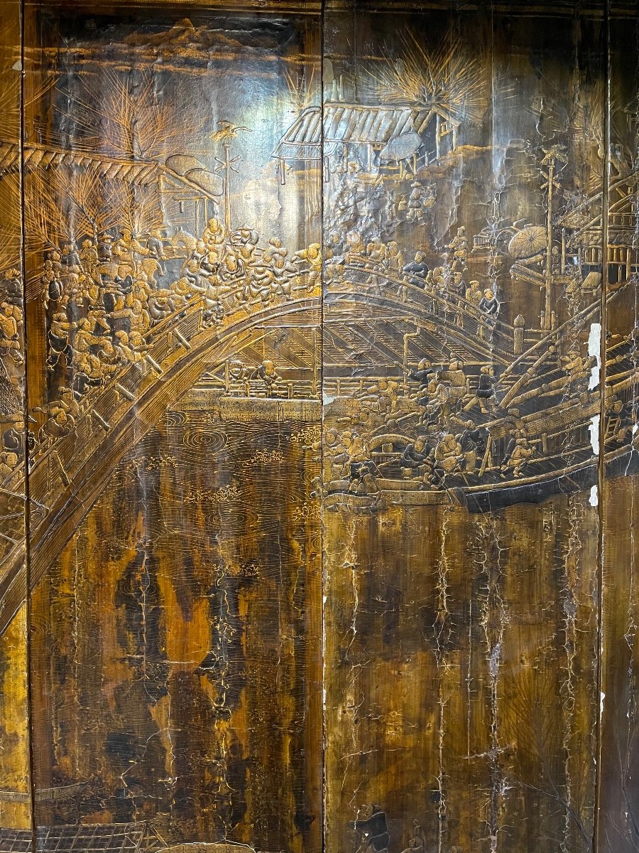 Chinese Screen In Chinese Lacquer From The XIXth Century 2m80 X 3m33-photo-8