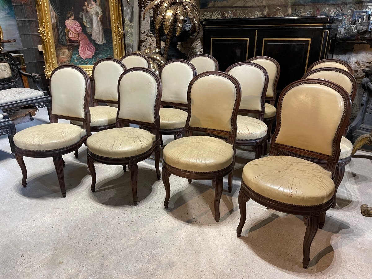 Suite Of 12 Louis XVI Style Chairs Model By Georges Jacob With Console Feet End XIX-photo-2
