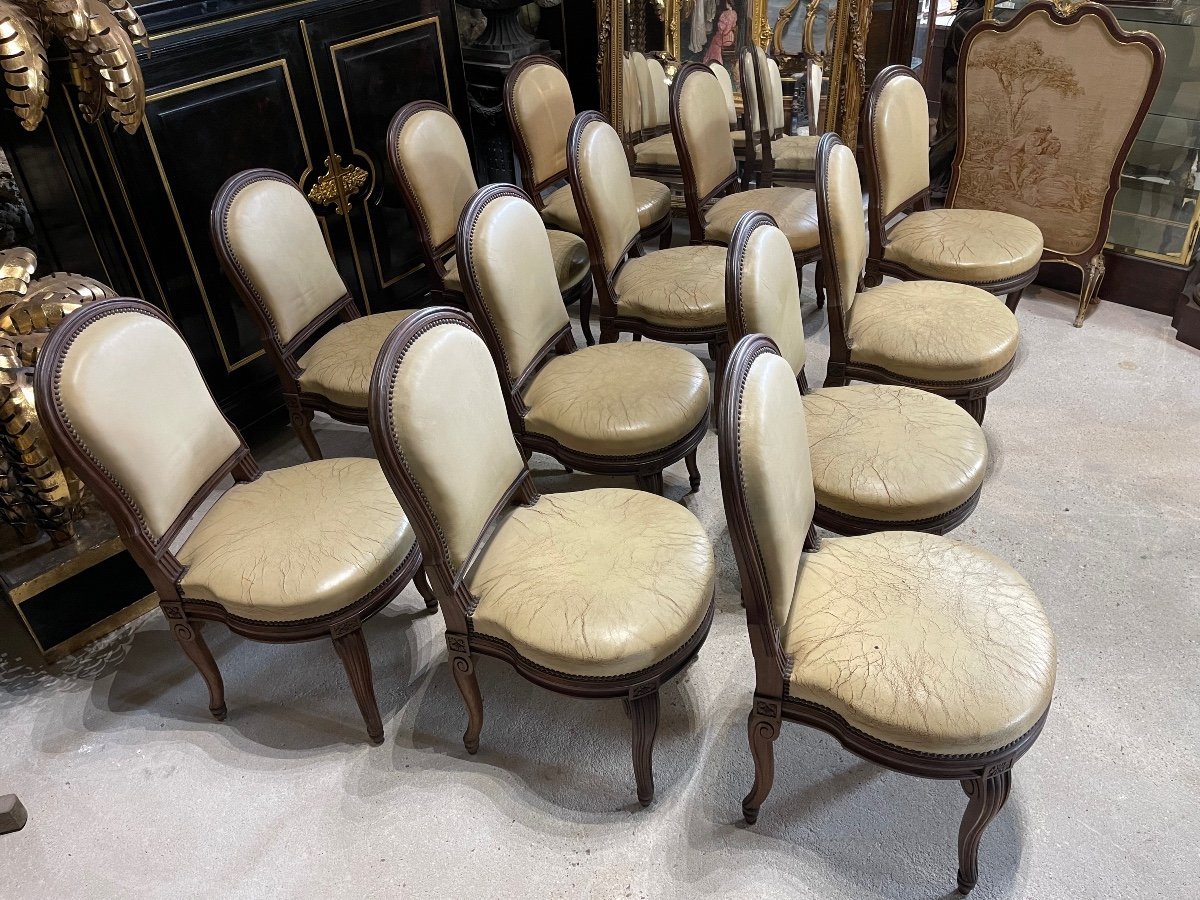 Suite Of 12 Louis XVI Style Chairs Model By Georges Jacob With Console Feet End XIX-photo-3