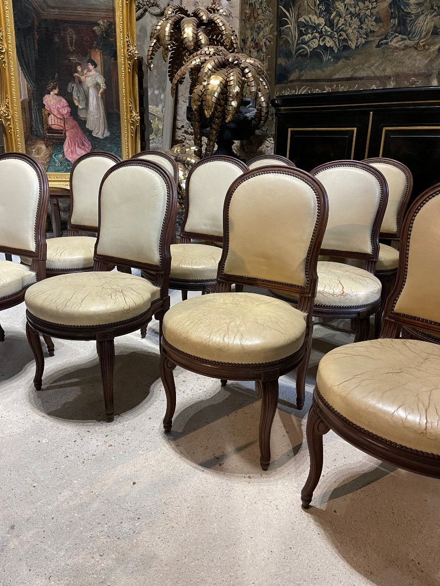 Suite Of 12 Louis XVI Style Chairs Model By Georges Jacob With Console Feet End XIX-photo-4