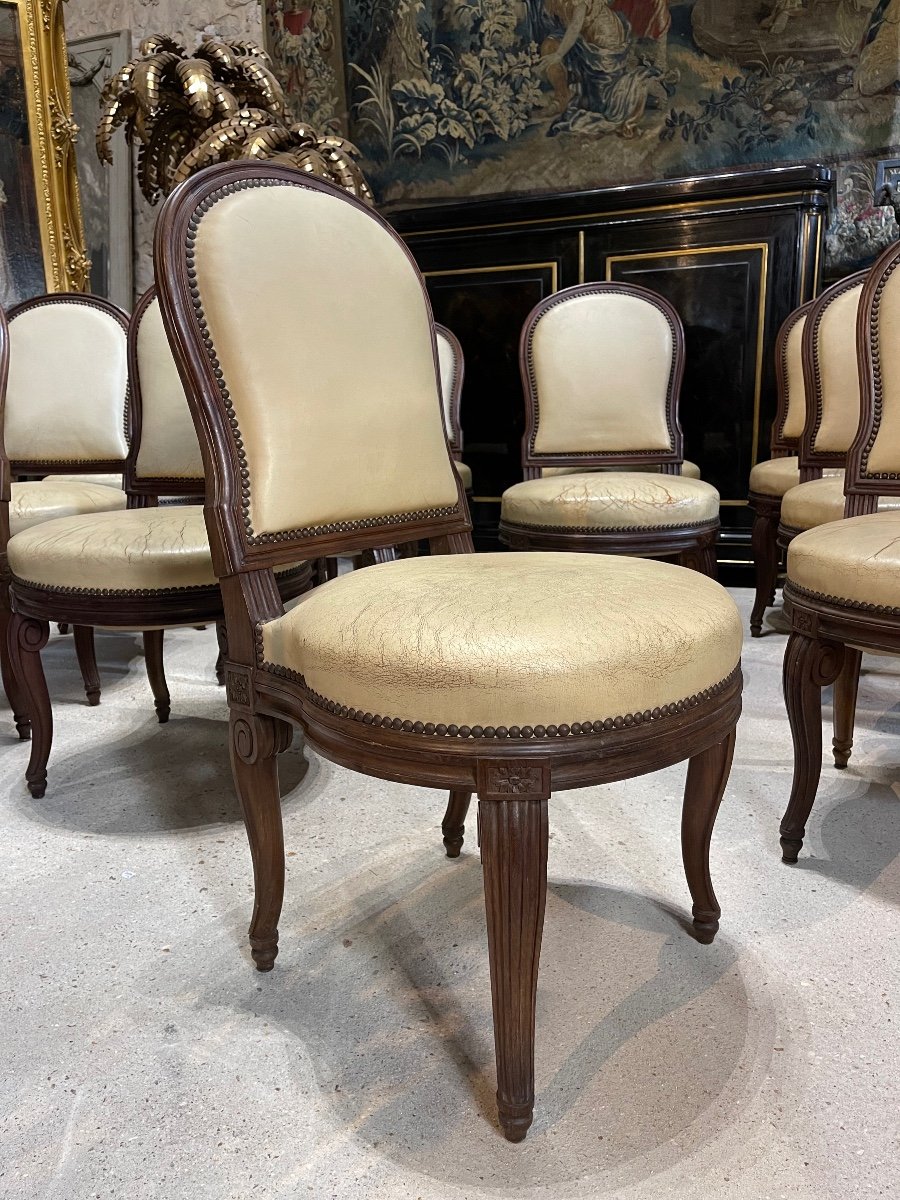 Suite Of 12 Louis XVI Style Chairs Model By Georges Jacob With Console Feet End XIX-photo-1