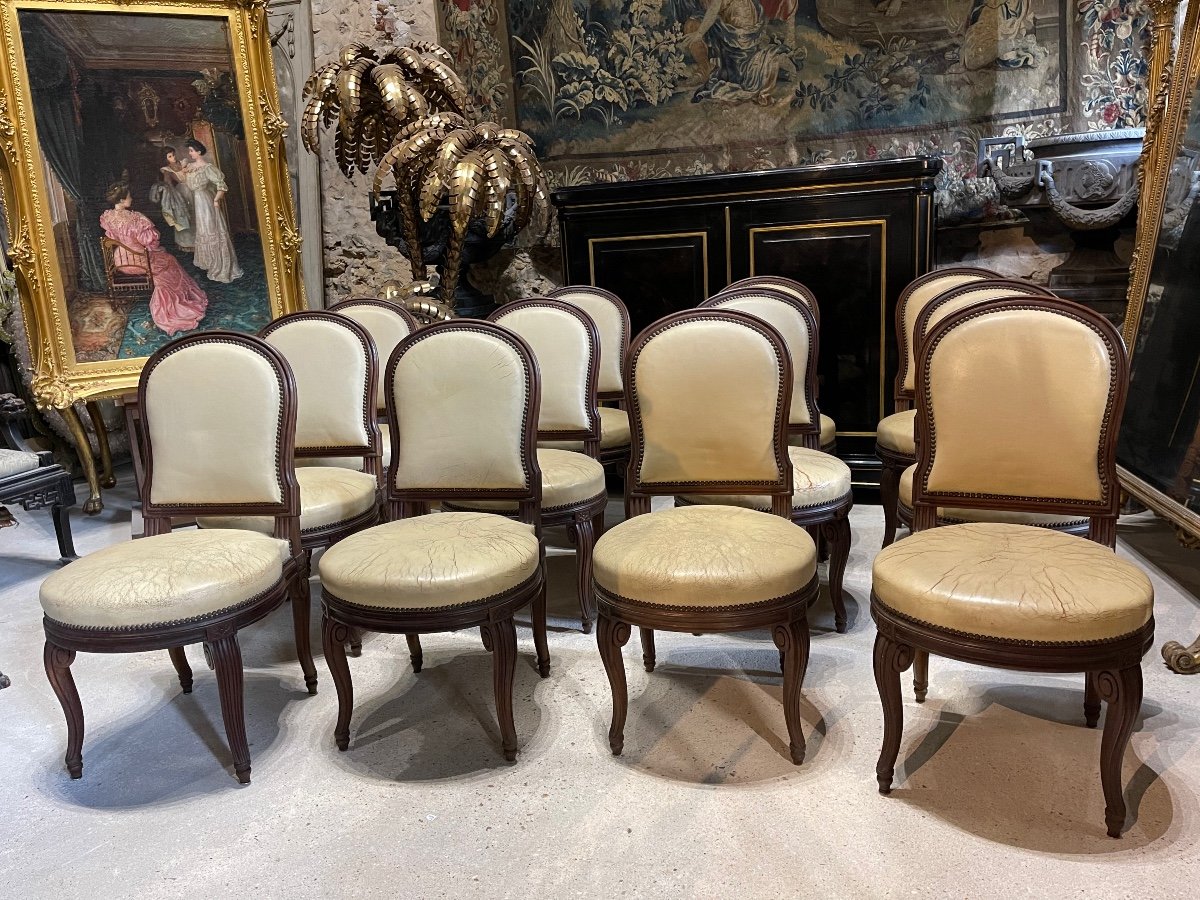 Suite Of 12 Louis XVI Style Chairs Model By Georges Jacob With Console Feet End XIX-photo-3