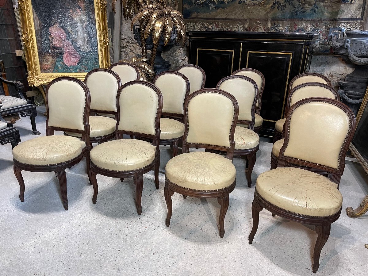 Suite Of 12 Louis XVI Style Chairs Model By Georges Jacob With Console Feet End XIX-photo-4
