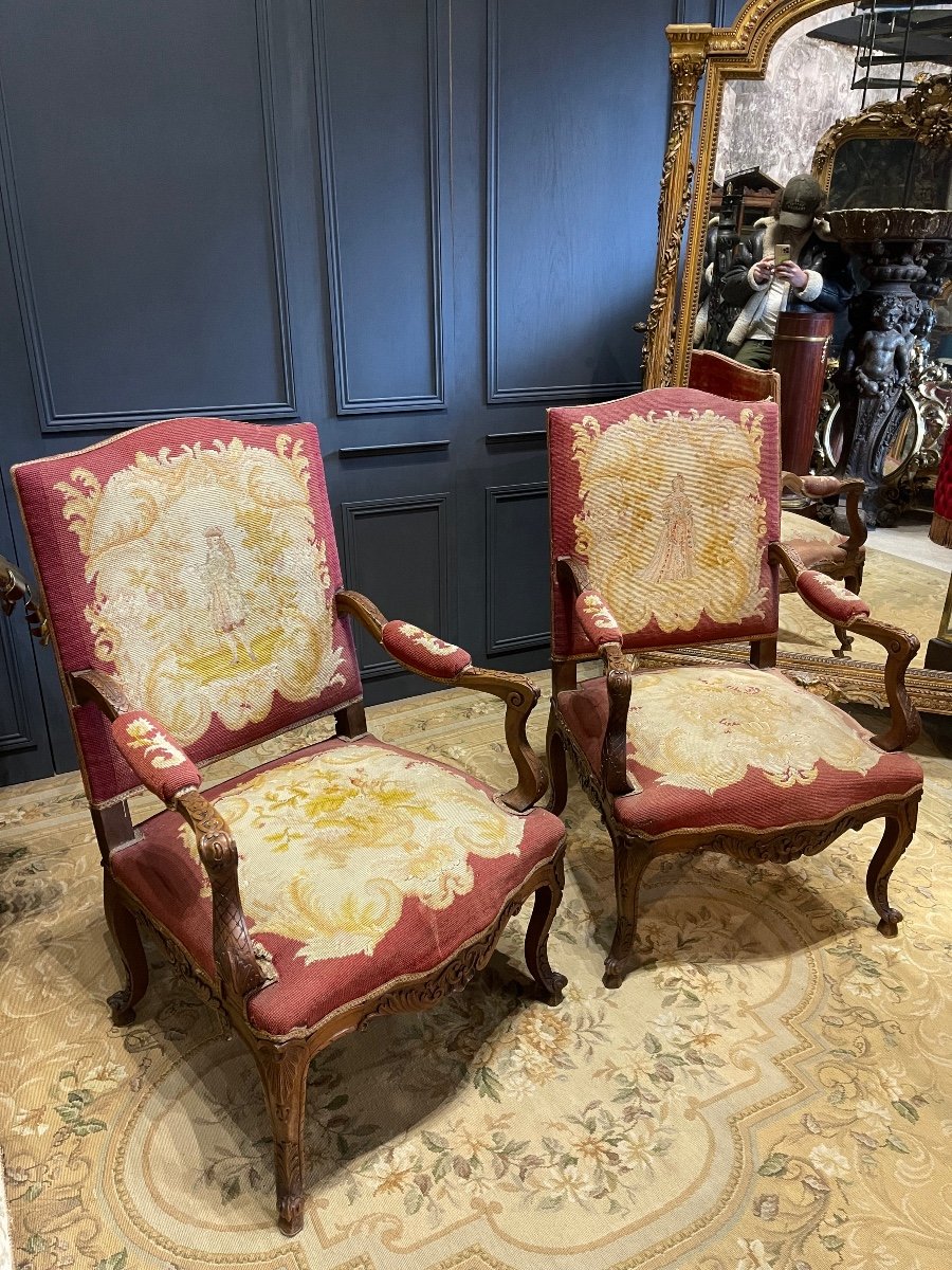 Paire De Fauteuils Dossier Plat De Style Louis XV , Tapisserie Aux Petits Points XIX ème Siècle-photo-2
