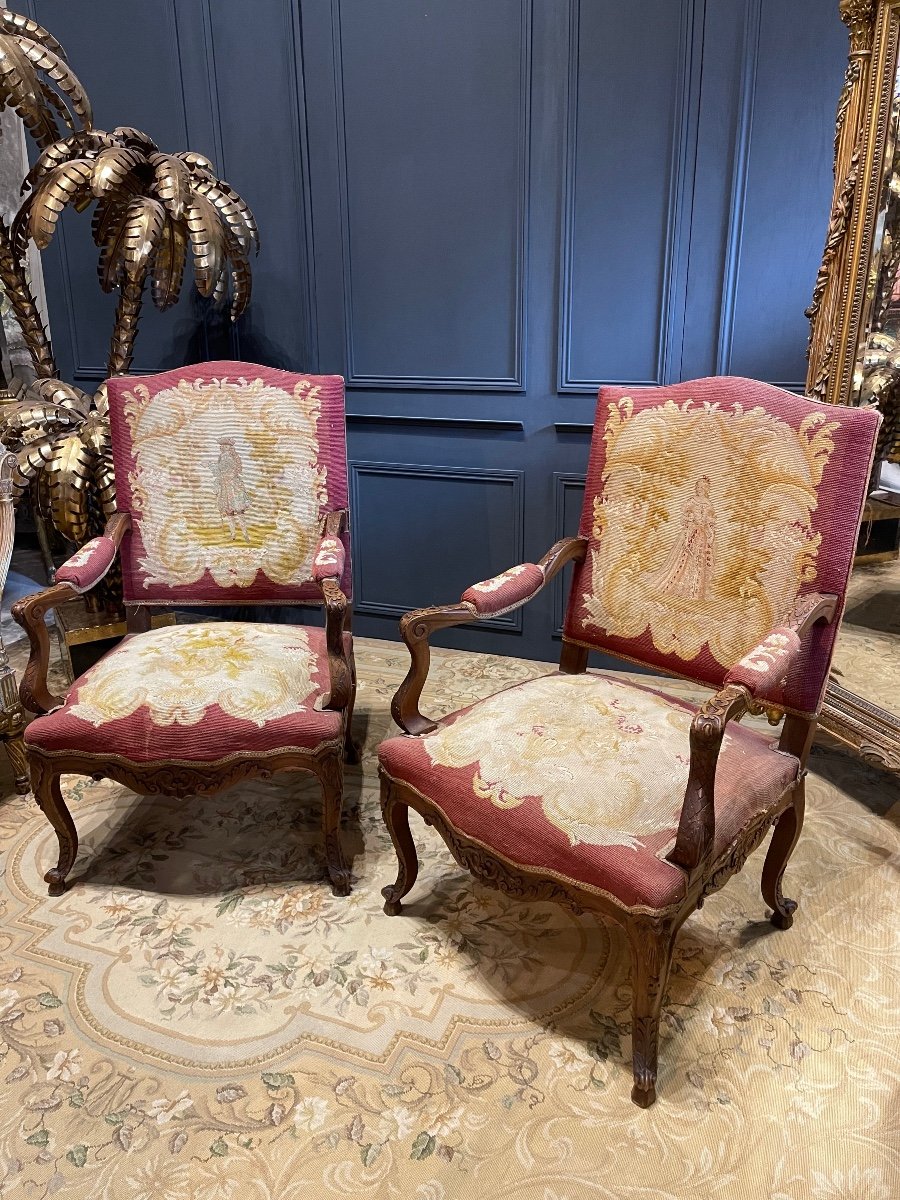 Paire De Fauteuils Dossier Plat De Style Louis XV , Tapisserie Aux Petits Points XIX ème Siècle-photo-3
