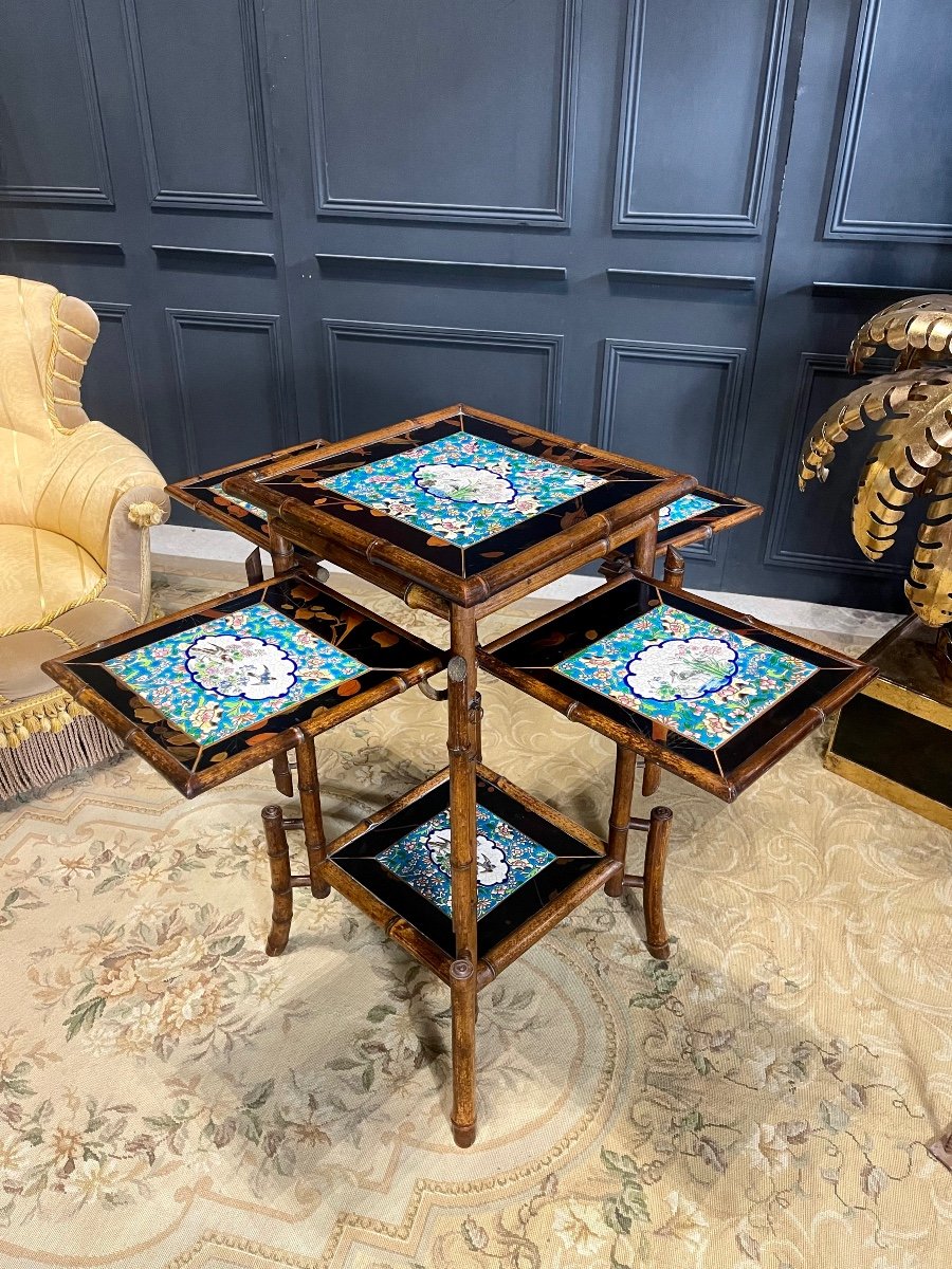 Japanese Tea Table In Japanese Lacquer And Longwy Plaque Attributed To Perret Et Vibert