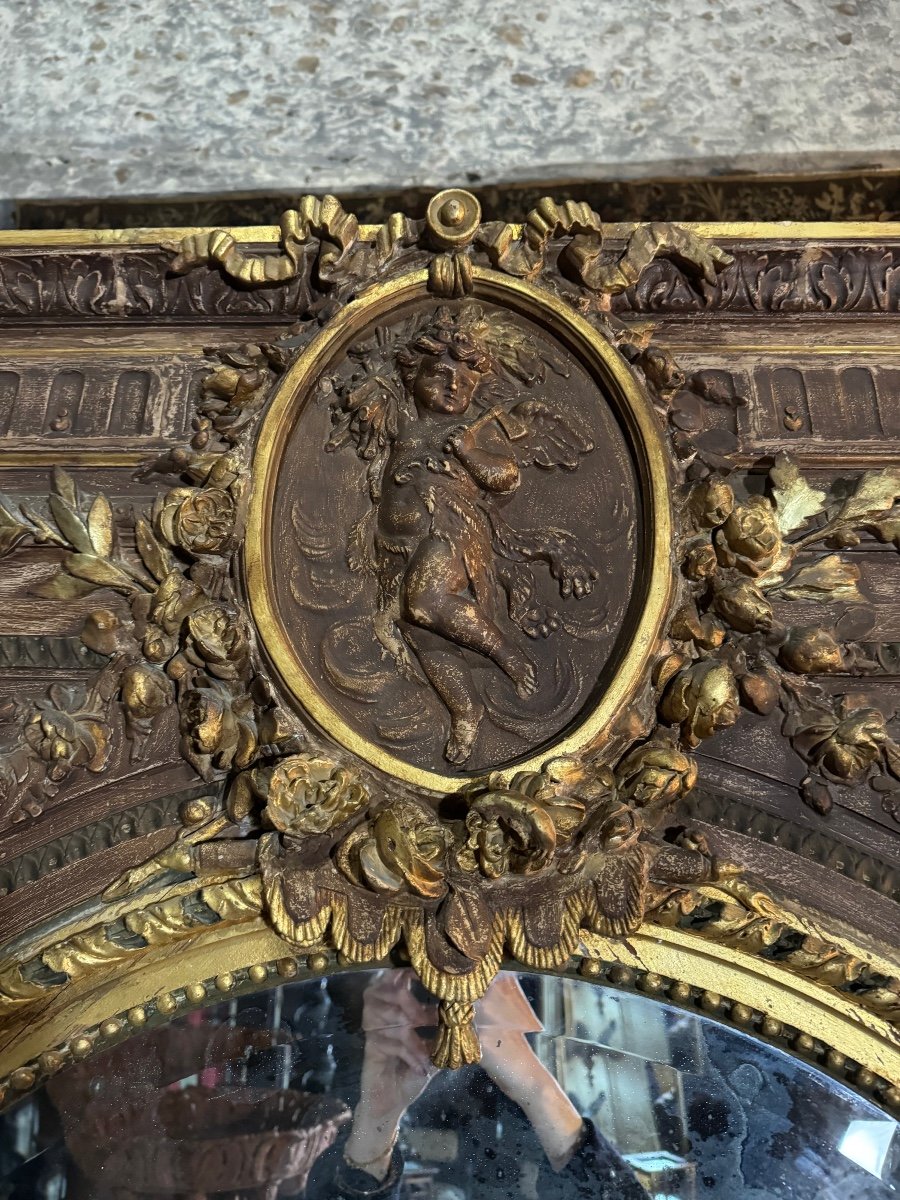 Miroir En Bois Doré Et Patiné En Bois Doré D’époque Napoléon III 2m47 X 1m10-photo-1