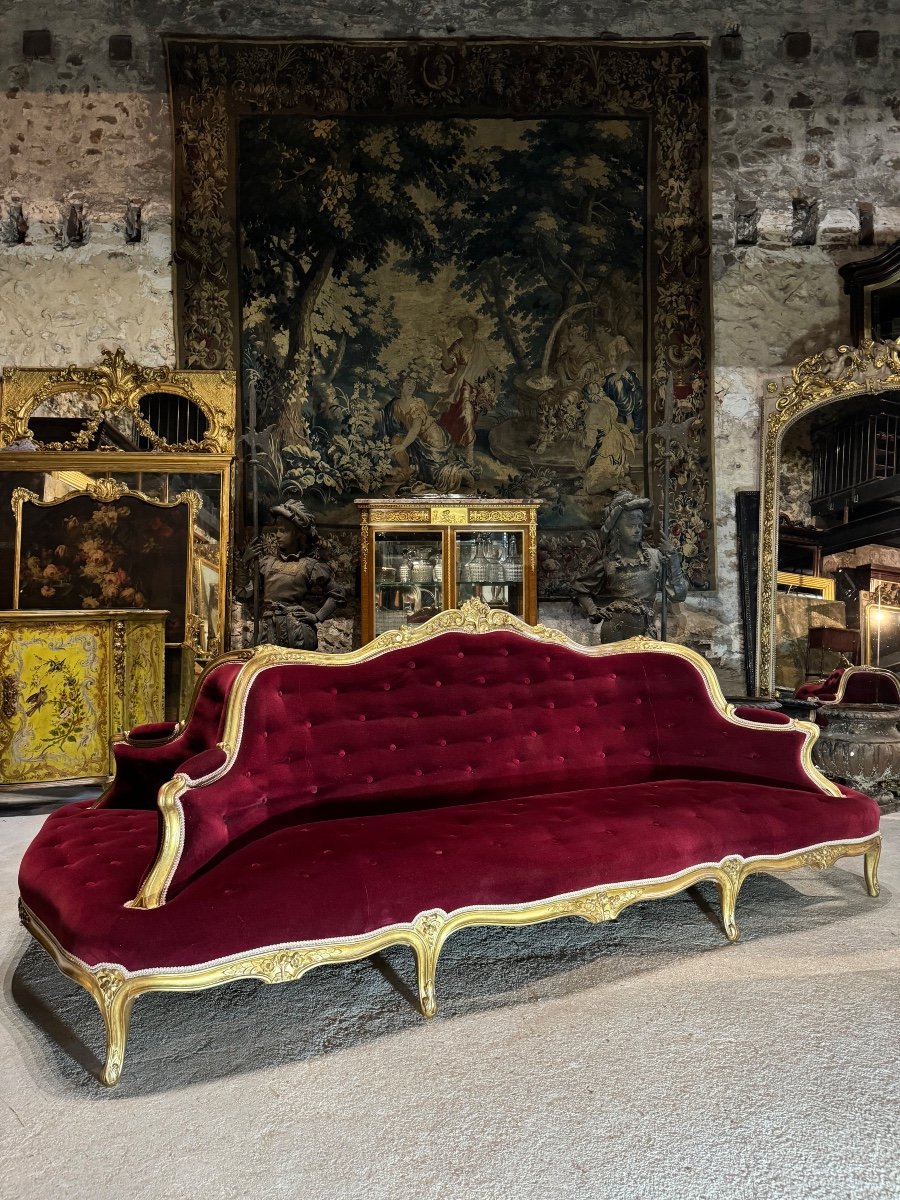 Canapé De Milieu En Bois Doré D’époque Napoléon III , Borne XIX ème-photo-3