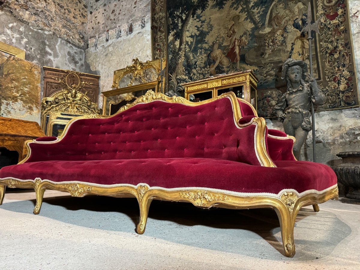 Canapé De Milieu En Bois Doré D’époque Napoléon III , Borne XIX ème-photo-3