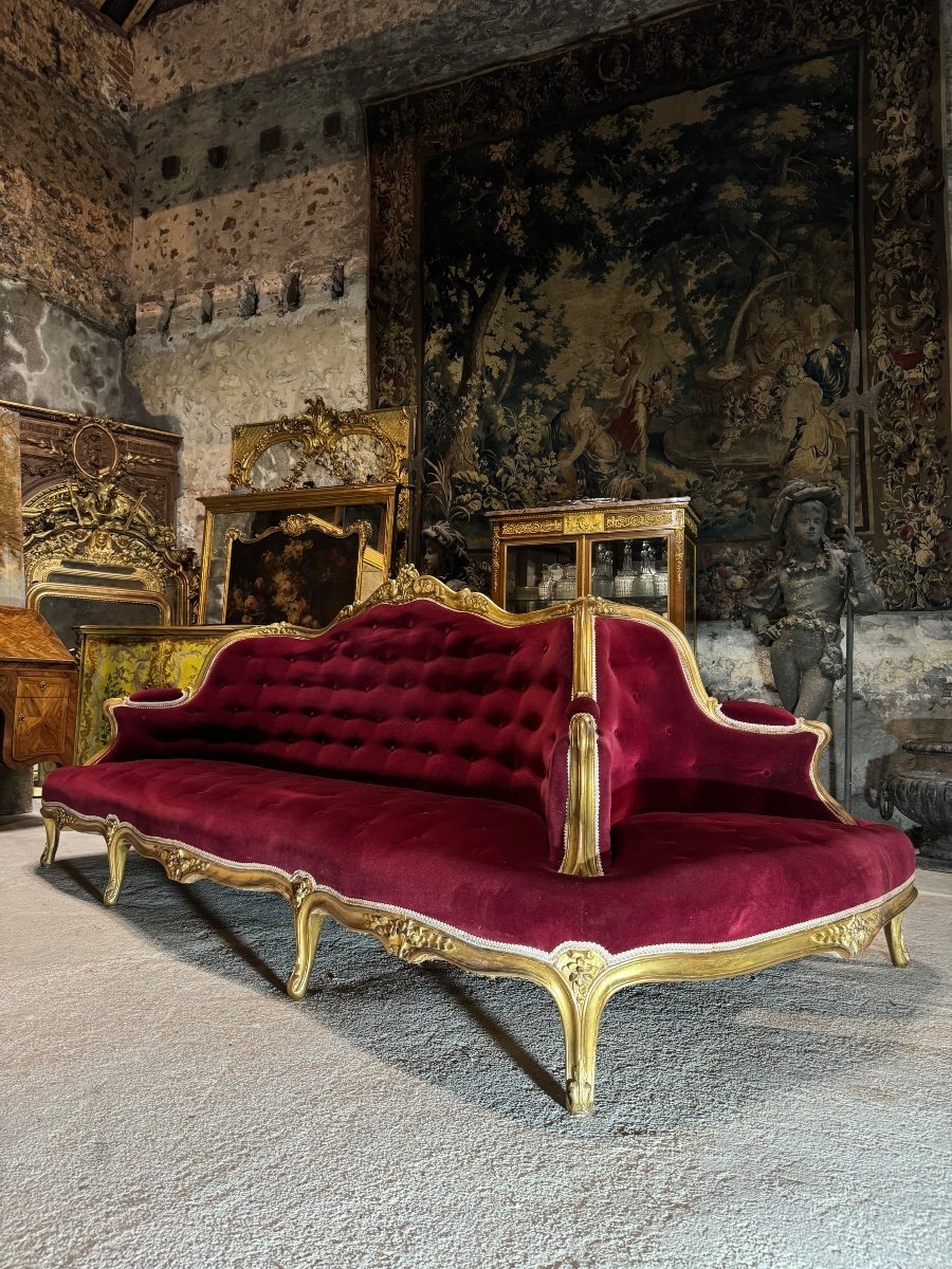 Canapé De Milieu En Bois Doré D’époque Napoléon III , Borne XIX ème-photo-8