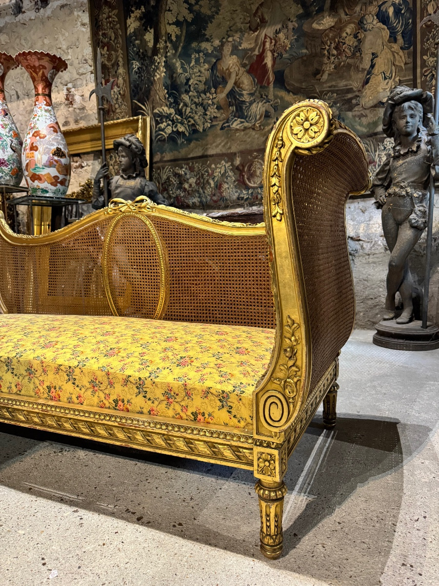 Banquette En Bois Doré Et Cannage De Style Louis XVI D’époque Napoléon III-photo-4