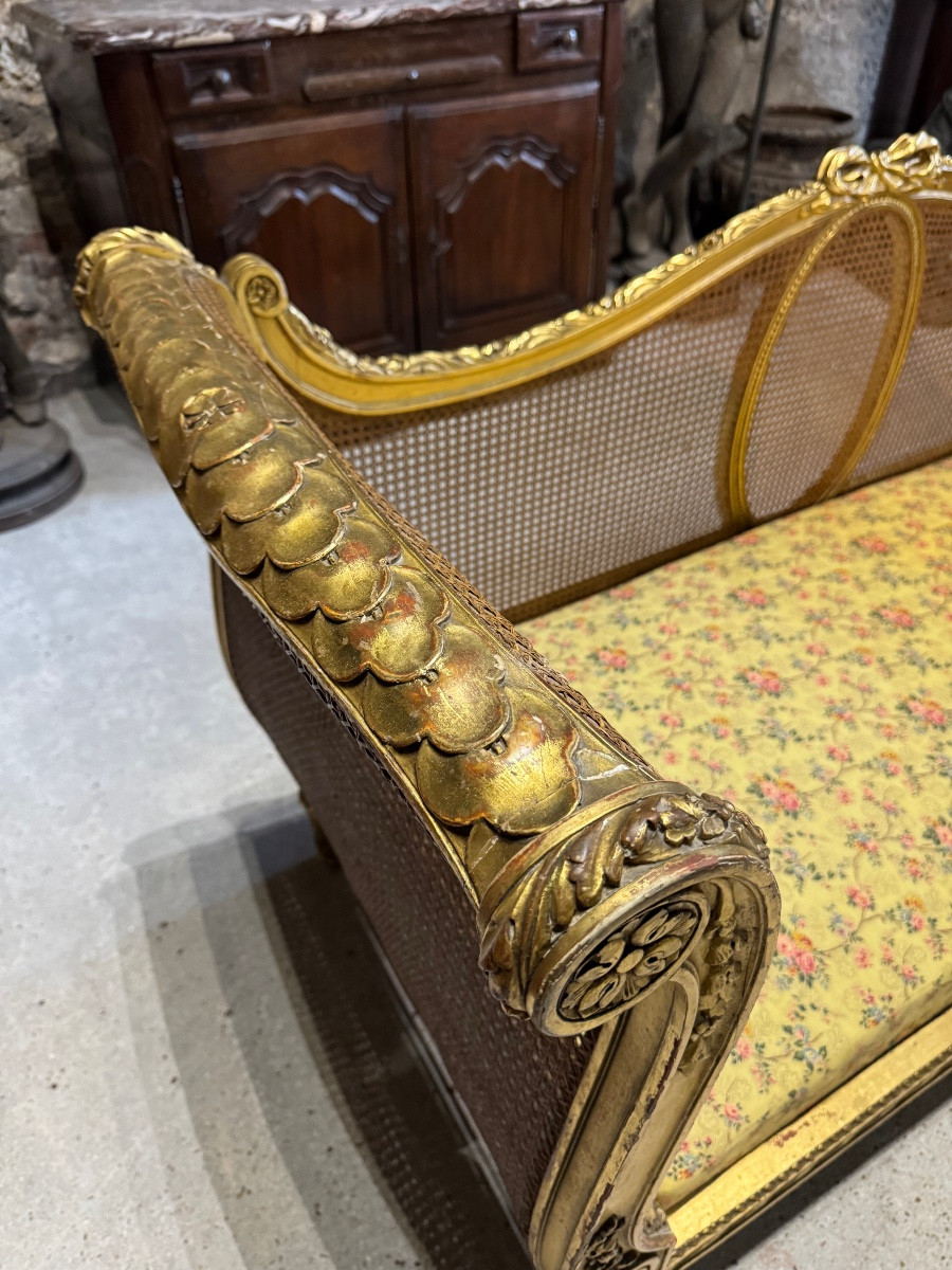 Banquette En Bois Doré Et Cannage De Style Louis XVI D’époque Napoléon III-photo-5