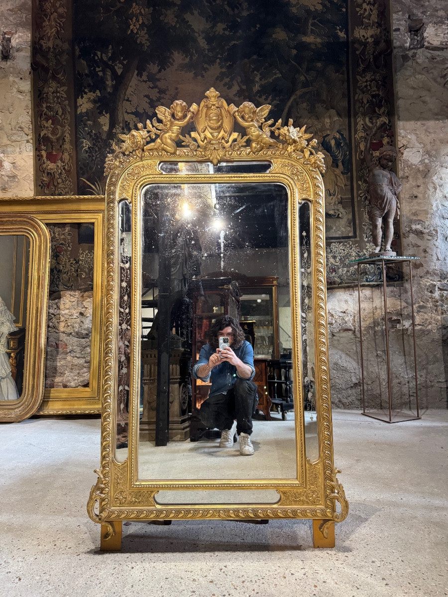 Miroir De Cheminée Aux Putti En Bois Doré D’époque Napoléon III