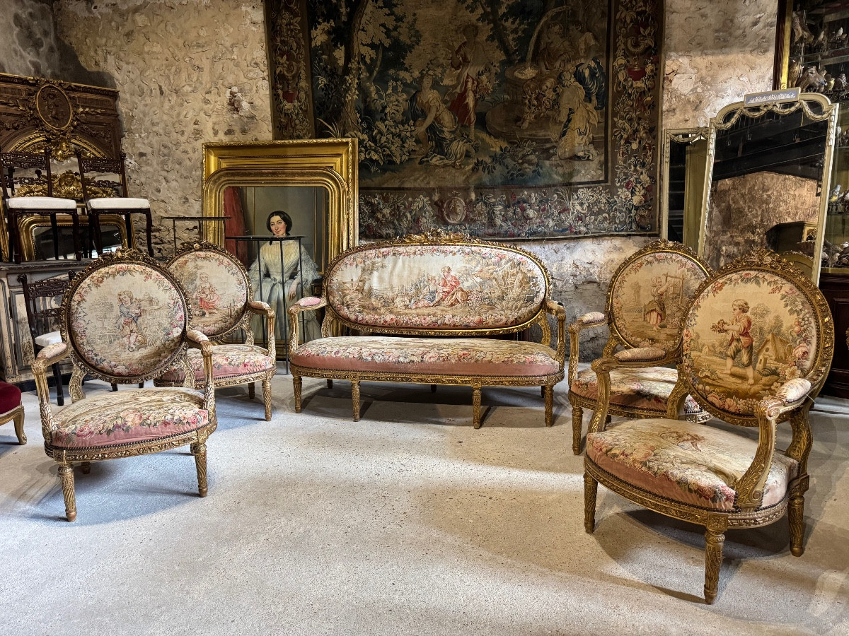 Salon en bois doré aux tapisseries d’Aubusson d’époque Napoléon III-photo-2