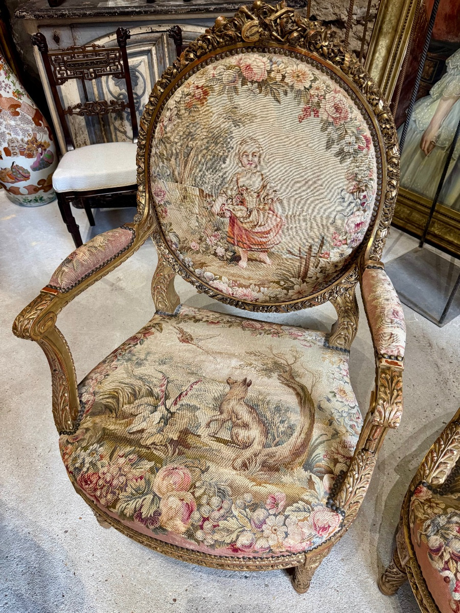 Salon en bois doré aux tapisseries d’Aubusson d’époque Napoléon III-photo-4