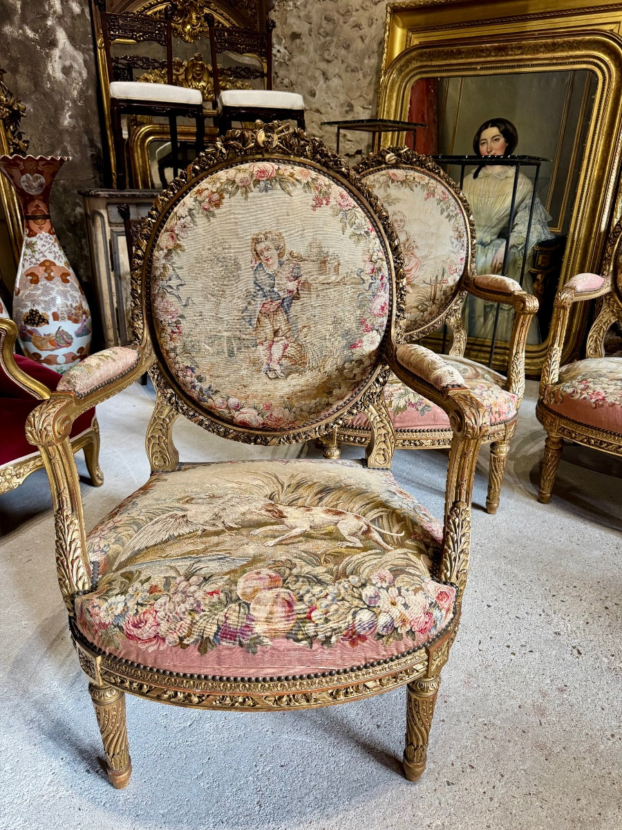 Salon en bois doré aux tapisseries d’Aubusson d’époque Napoléon III-photo-7