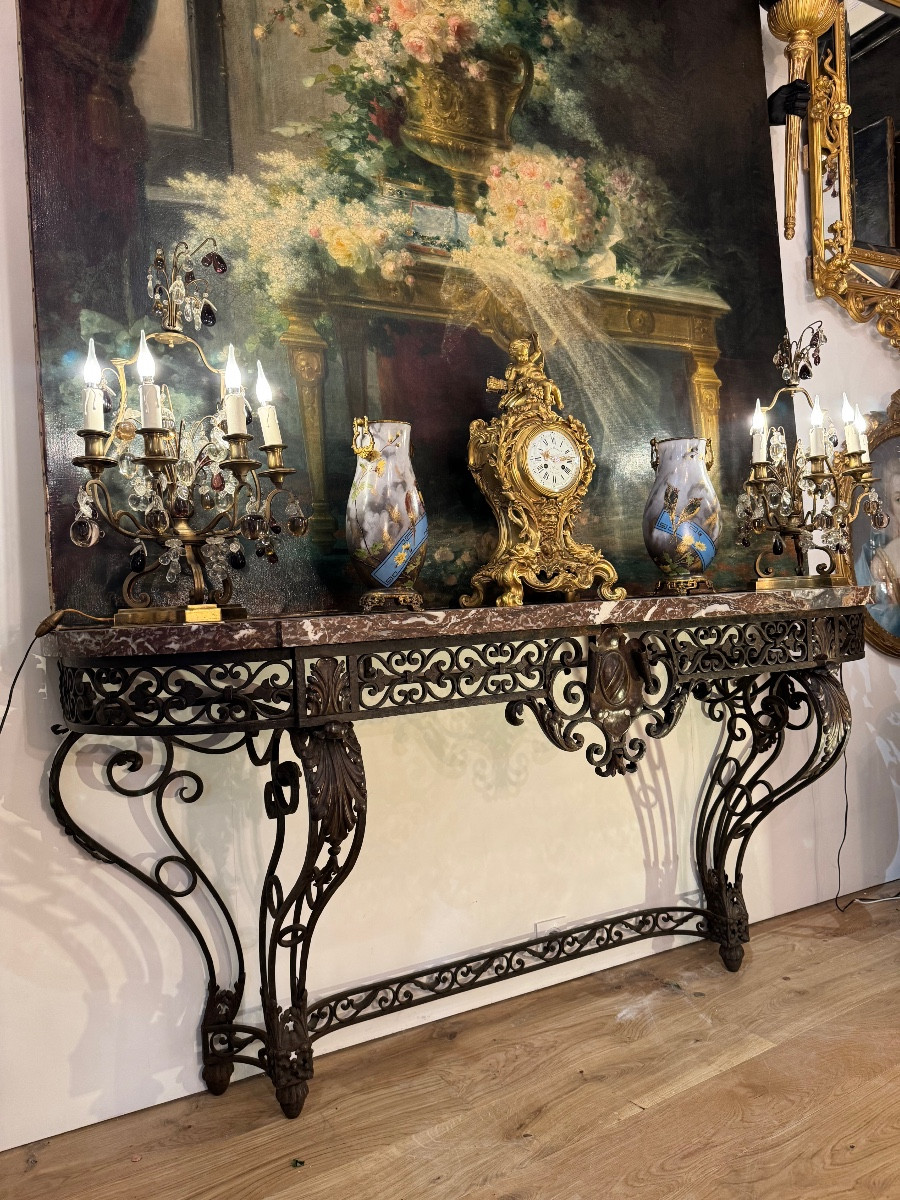 19th Century Wrought Iron Console, Red Rance Marble Top-photo-3