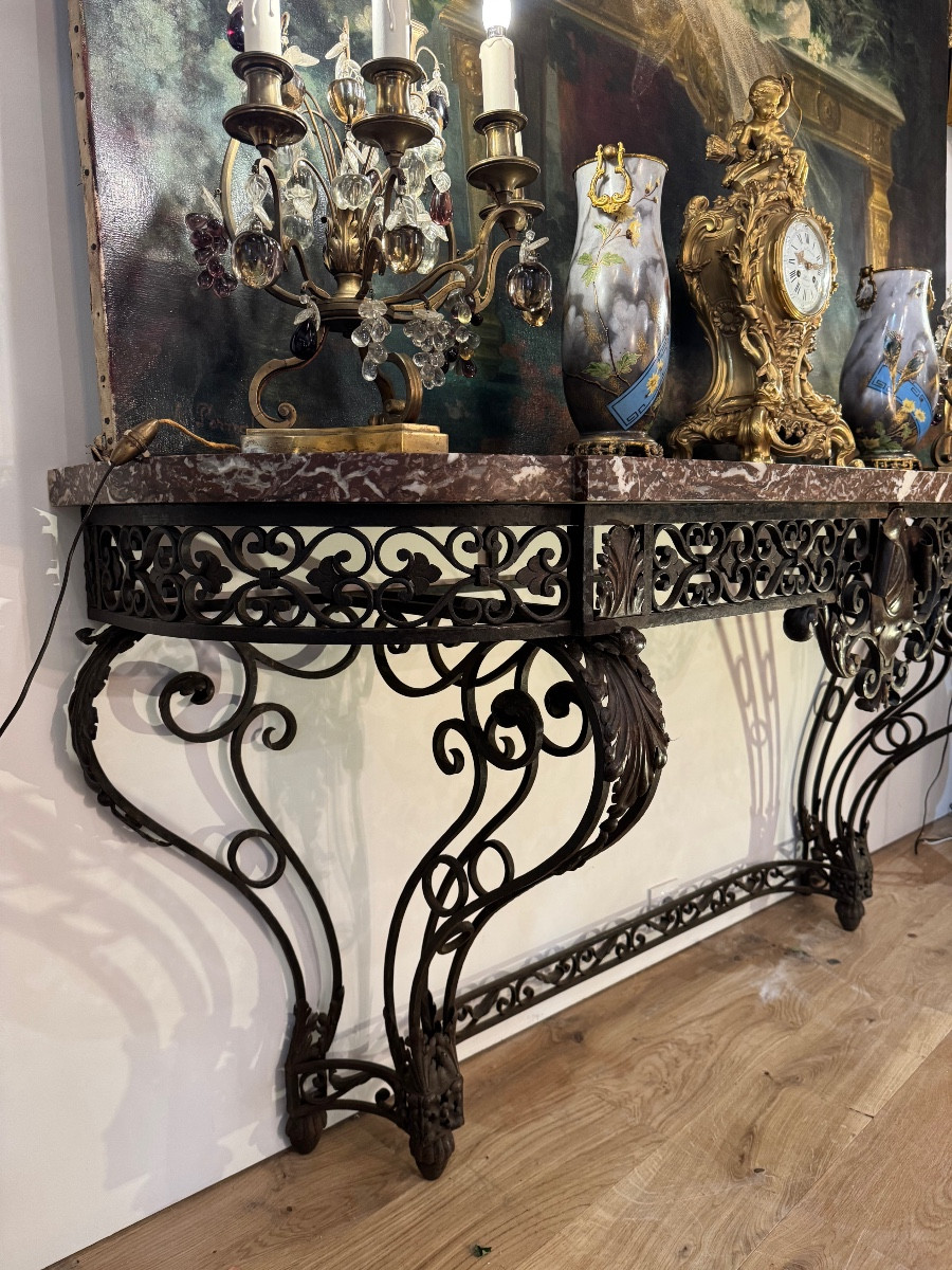 19th Century Wrought Iron Console, Red Rance Marble Top-photo-4