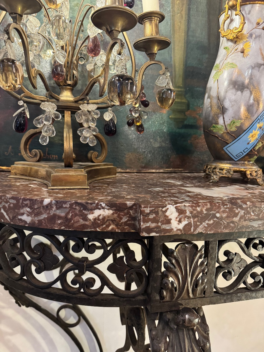 19th Century Wrought Iron Console, Red Rance Marble Top-photo-5