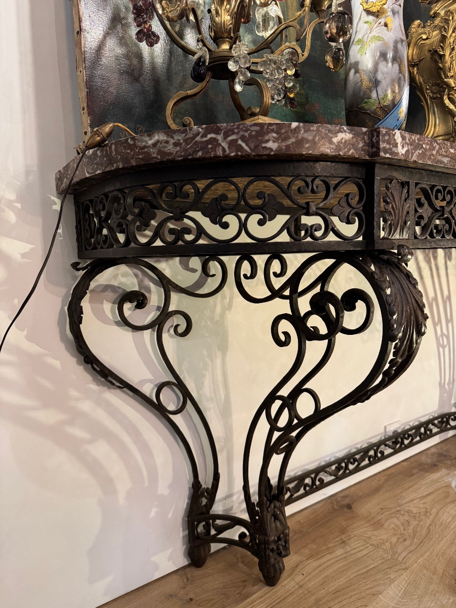 19th Century Wrought Iron Console, Red Rance Marble Top-photo-7