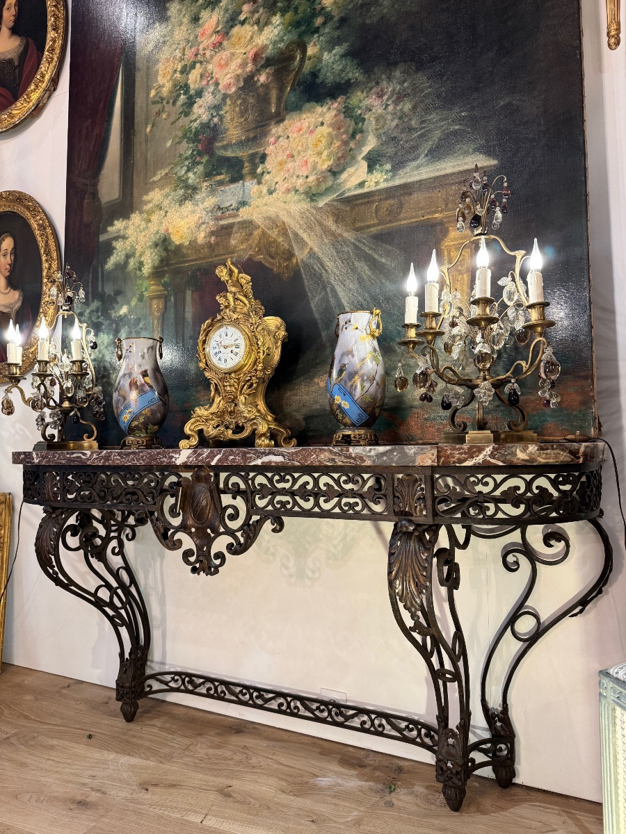 19th Century Wrought Iron Console, Red Rance Marble Top