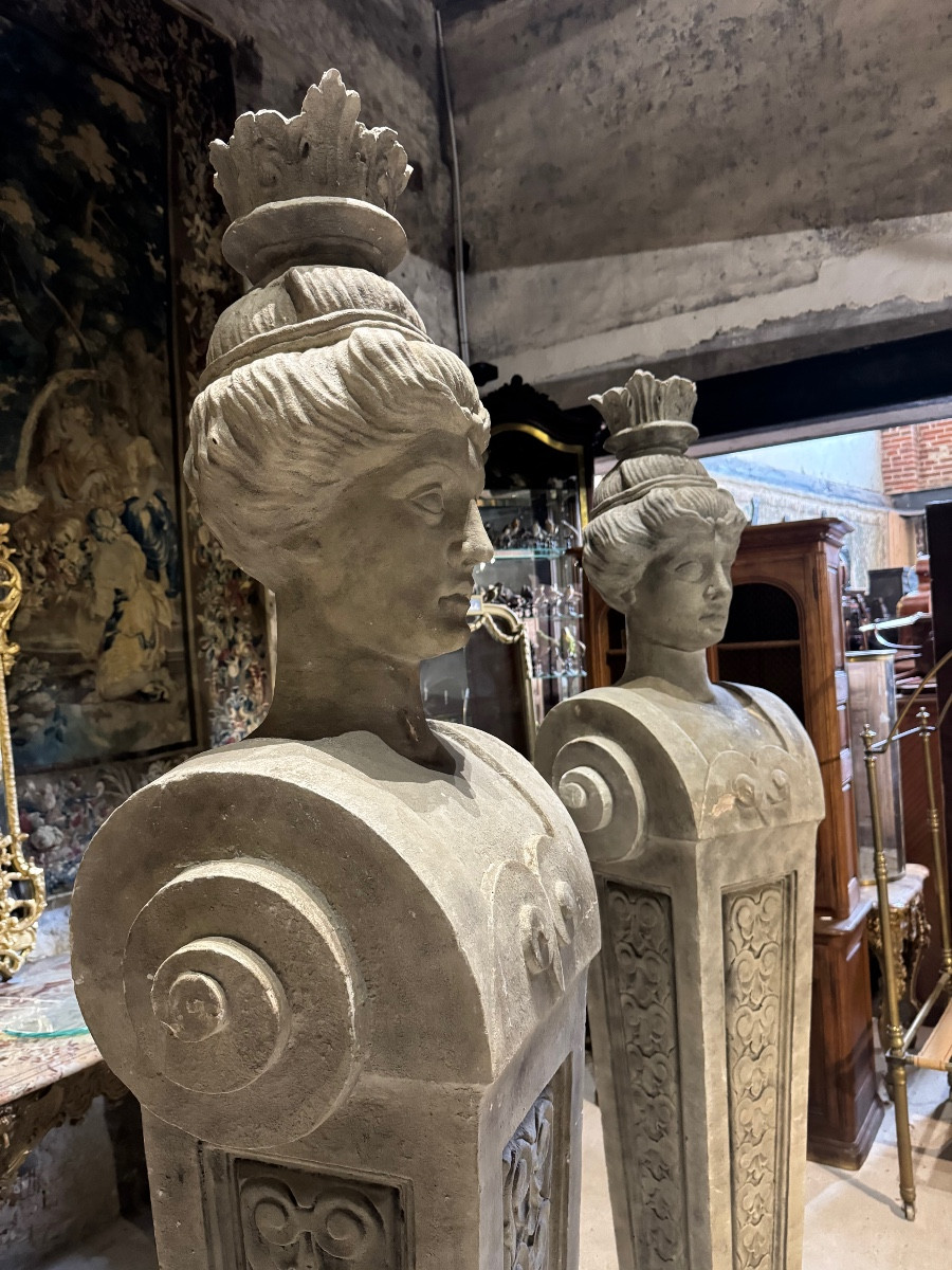 Pair Of Monumental Patinated Plaster Terms Circa 1950 -photo-1