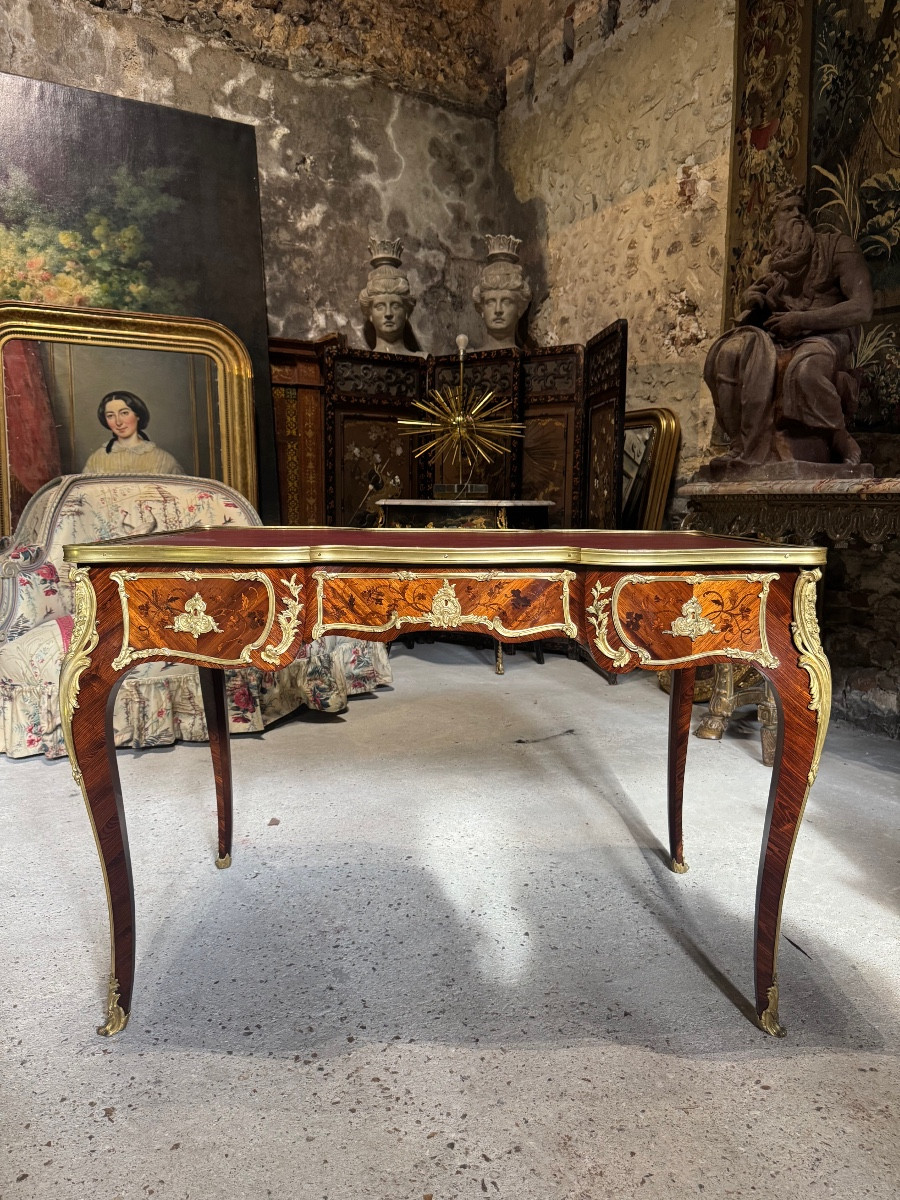 Bureau plat de style Louis XV en marqueterie d’époque Napoléon III-photo-2
