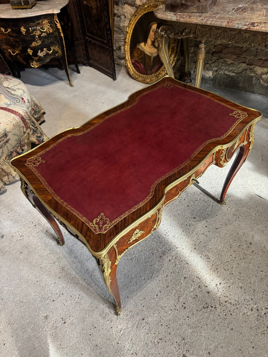 Bureau plat de style Louis XV en marqueterie d’époque Napoléon III-photo-2