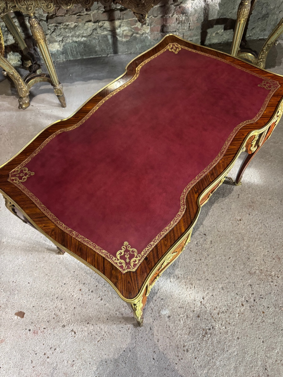 Bureau plat de style Louis XV en marqueterie d’époque Napoléon III-photo-7