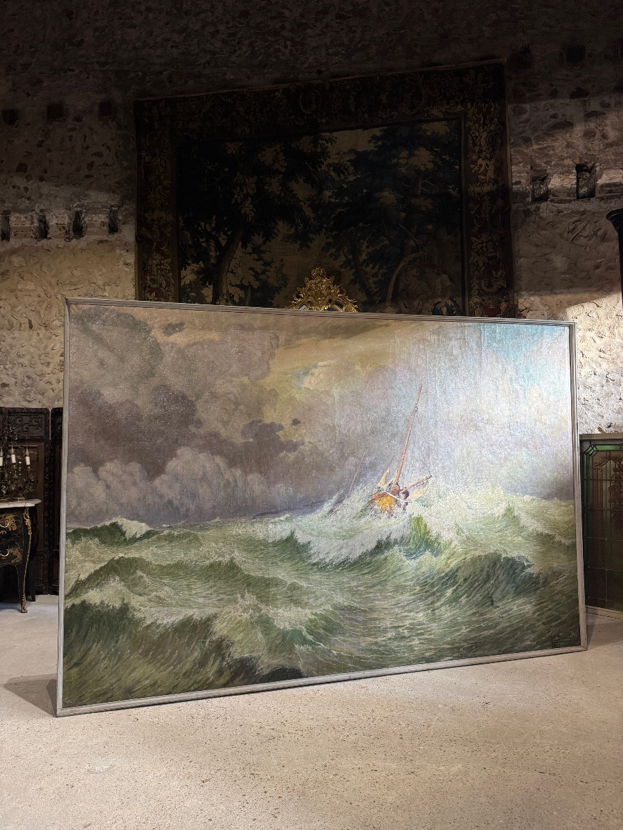 Monumental Oil On Canvas “rough Sea” By Jean Baptiste Scoriel (1883-1956)-photo-2