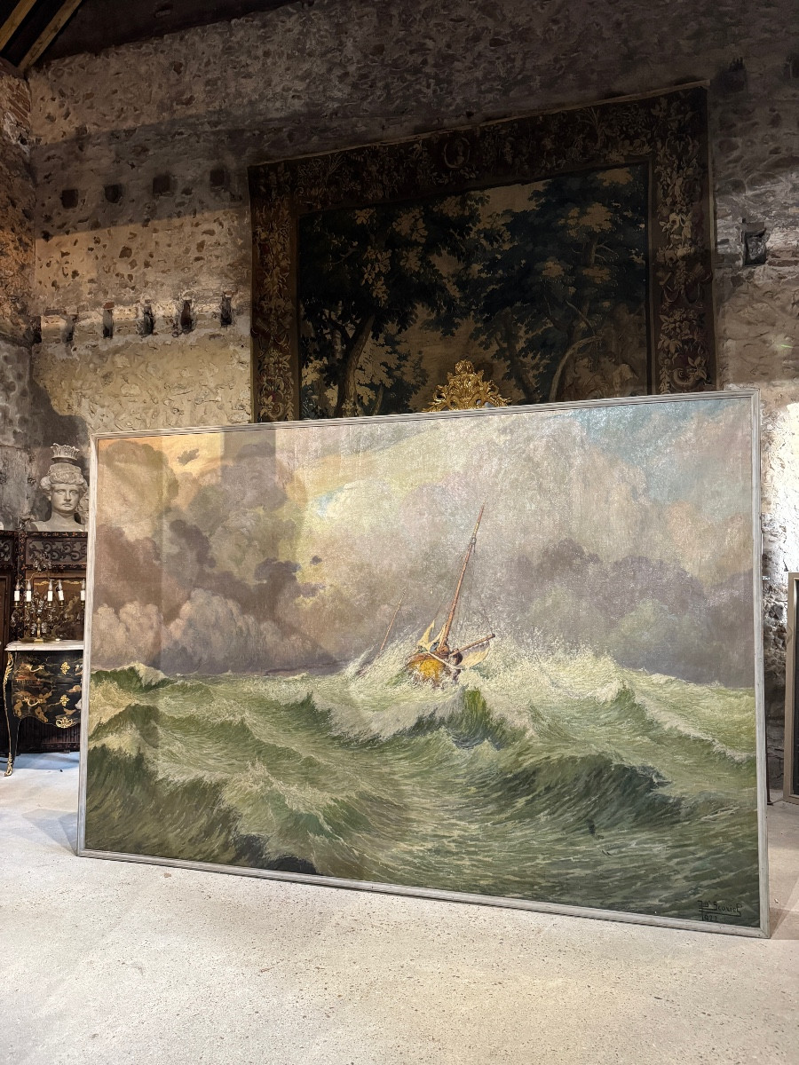 Monumental Oil On Canvas “rough Sea” By Jean Baptiste Scoriel (1883-1956)-photo-3