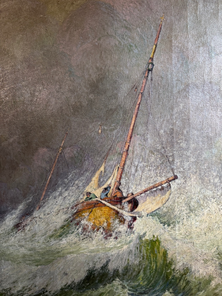 Monumental Oil On Canvas “rough Sea” By Jean Baptiste Scoriel (1883-1956)-photo-4