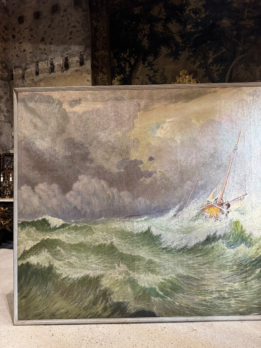 Monumental Oil On Canvas “rough Sea” By Jean Baptiste Scoriel (1883-1956)-photo-1
