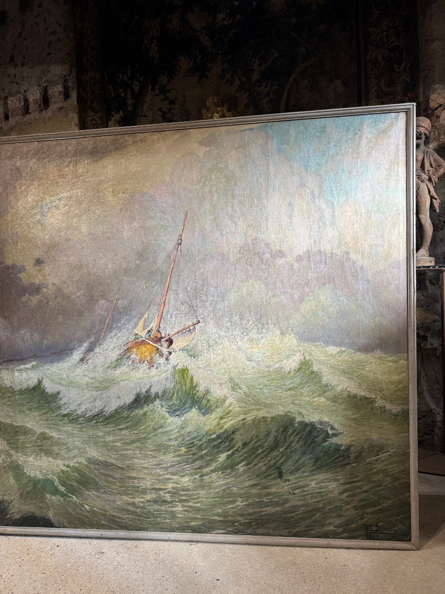 Monumental Oil On Canvas “rough Sea” By Jean Baptiste Scoriel (1883-1956)-photo-2