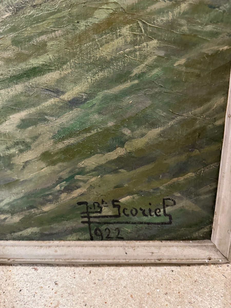 Monumental Oil On Canvas “rough Sea” By Jean Baptiste Scoriel (1883-1956)-photo-3