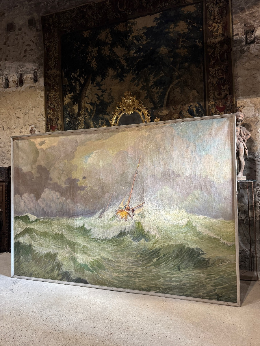 Monumental Oil On Canvas “rough Sea” By Jean Baptiste Scoriel (1883-1956)-photo-4