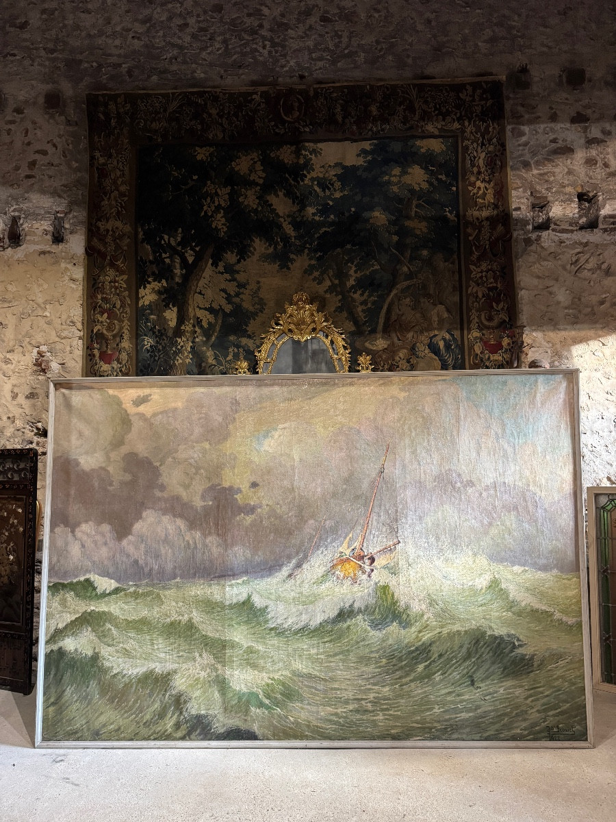 Monumental Oil On Canvas “rough Sea” By Jean Baptiste Scoriel (1883-1956)-photo-5