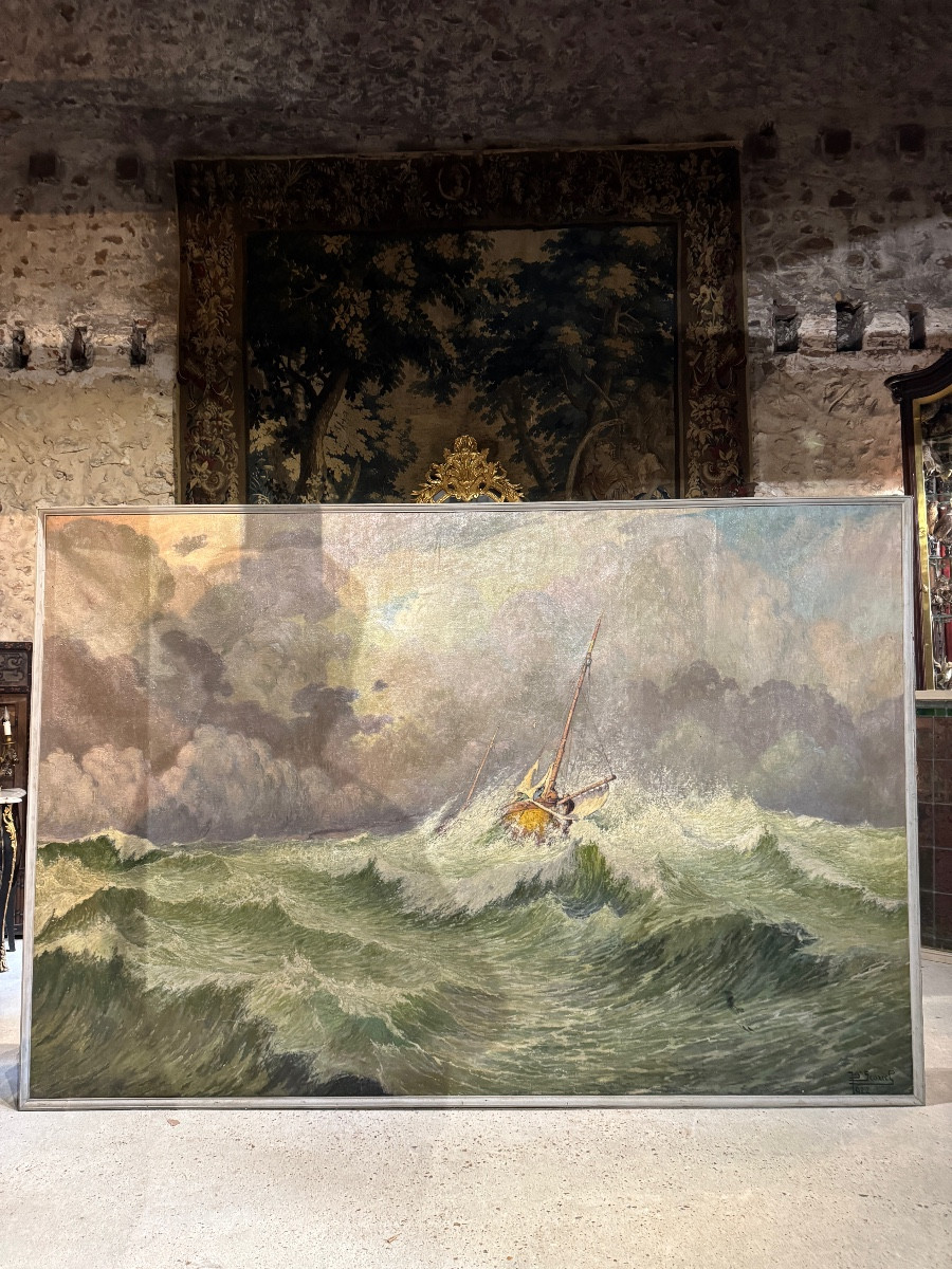 Monumental Oil On Canvas “rough Sea” By Jean Baptiste Scoriel (1883-1956)