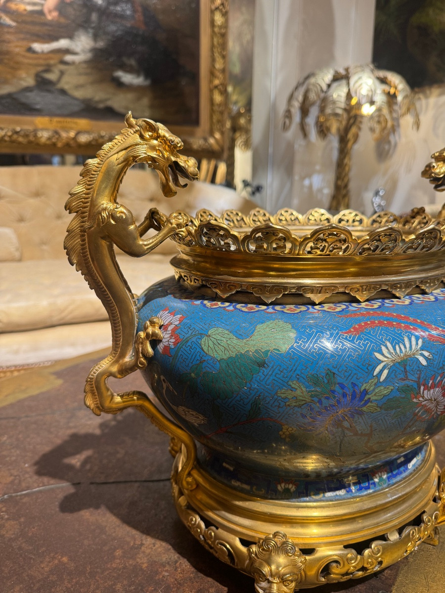 Cloisonné Jardinière With Bronze Mount Featuring Dragons, Attributed To Barbedienne-photo-3