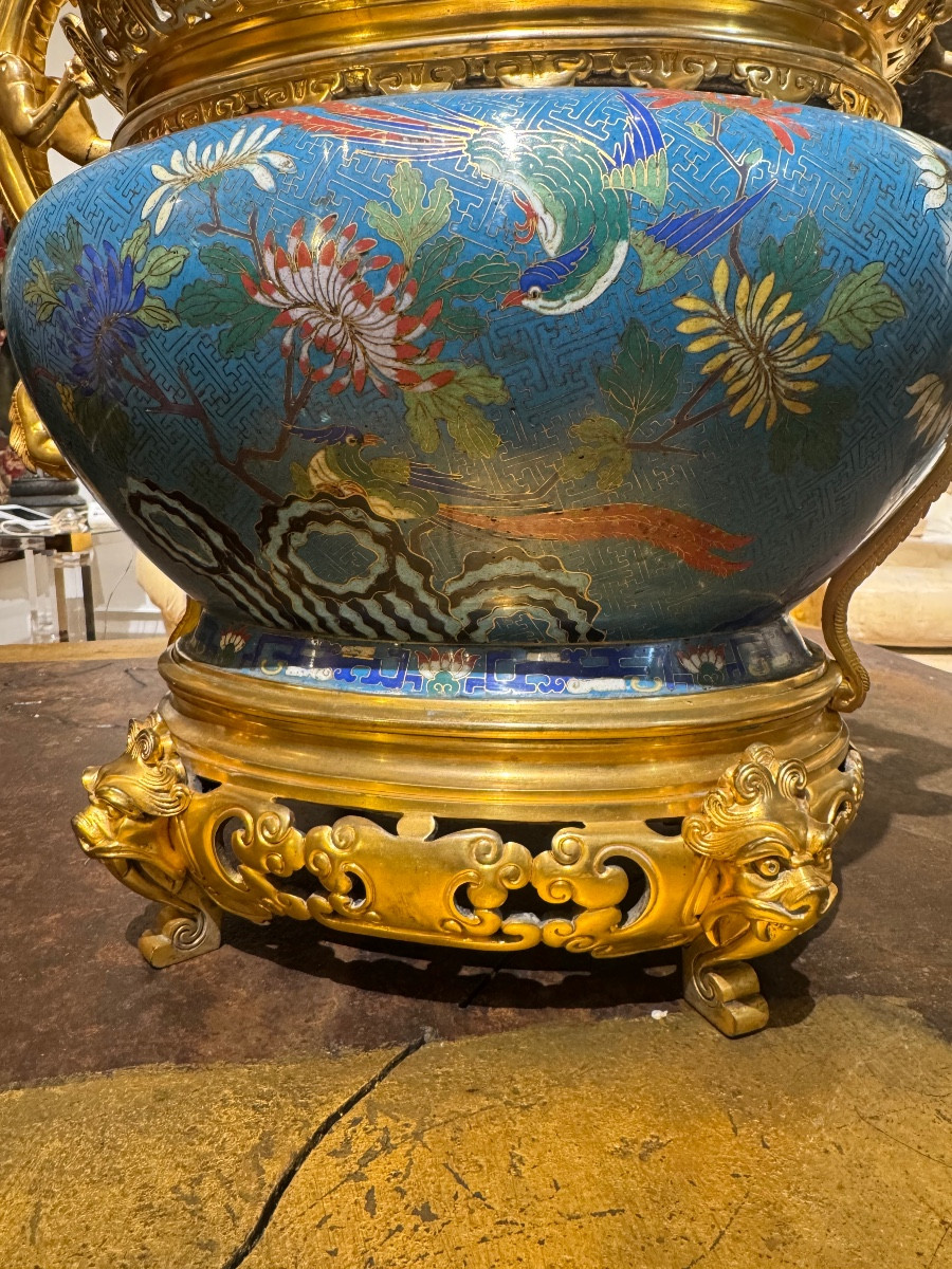 Cloisonné Jardinière With Bronze Mount Featuring Dragons, Attributed To Barbedienne-photo-4