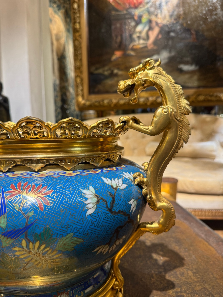 Cloisonné Jardinière With Bronze Mount Featuring Dragons, Attributed To Barbedienne-photo-1